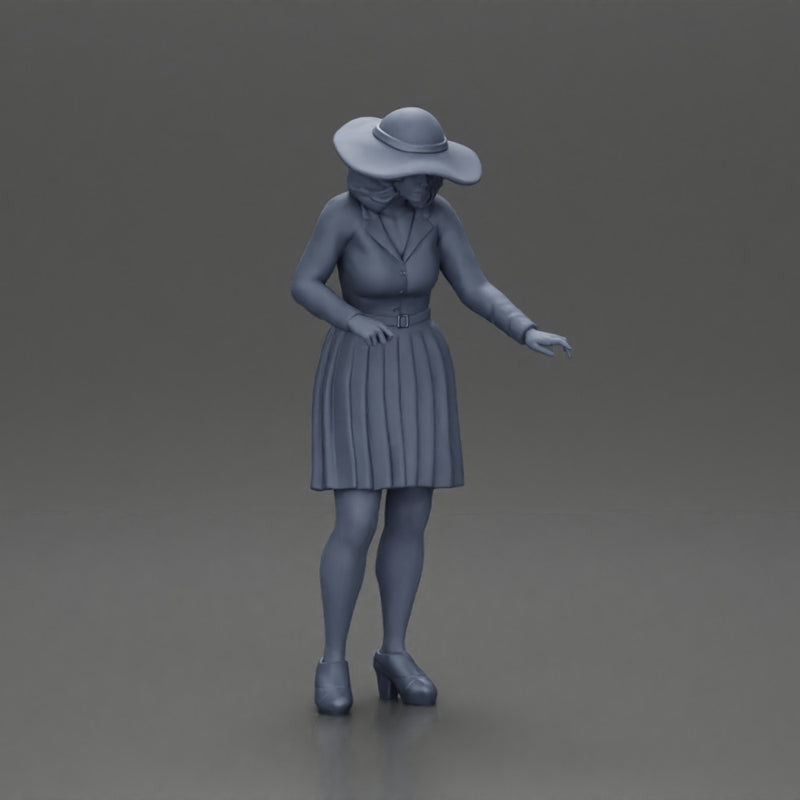 fashionable woman in hat and skirt is reaching for something