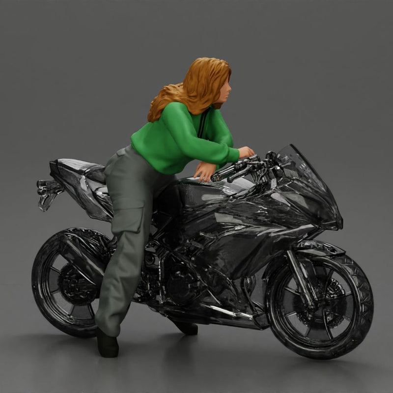 motorcyclist woman hoodie sitting on motorcycle