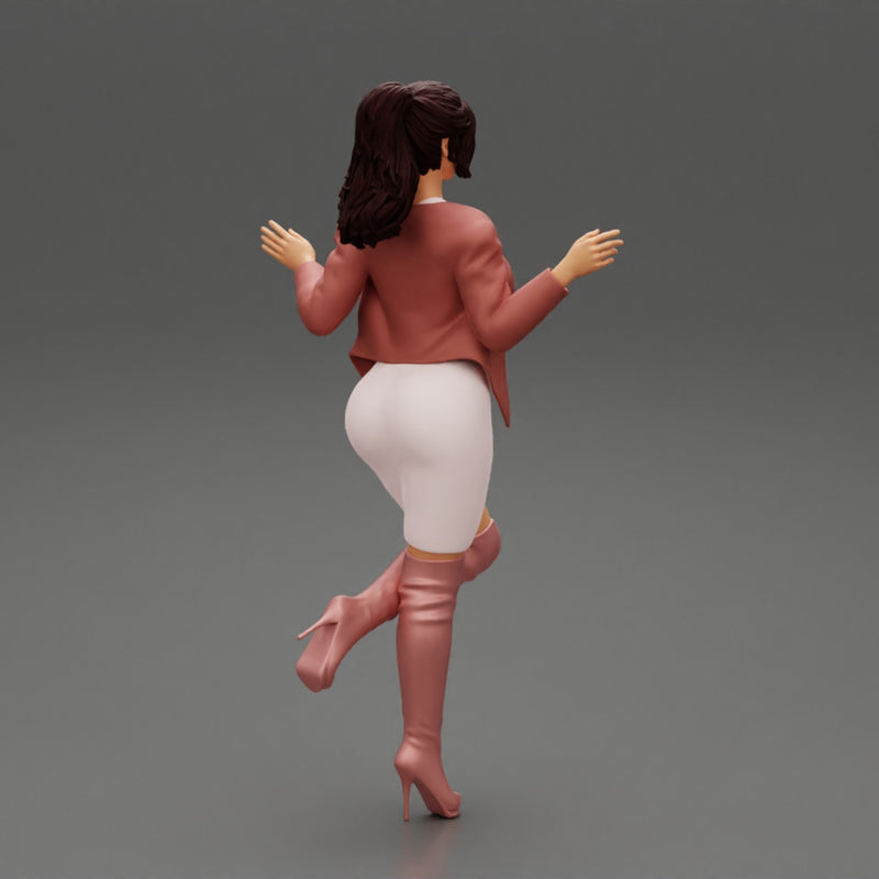Beautiful Woman standing in one leg in mini dress and jacket - Only-Games