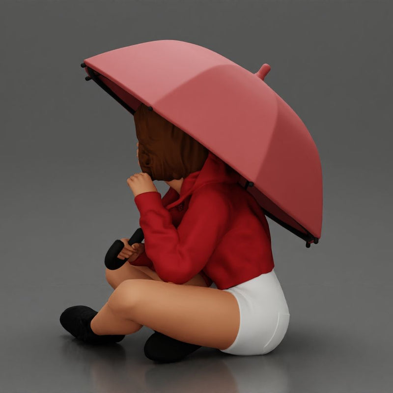 Pretty Girl with an Umbrella in Jacket and Shorts Sitting