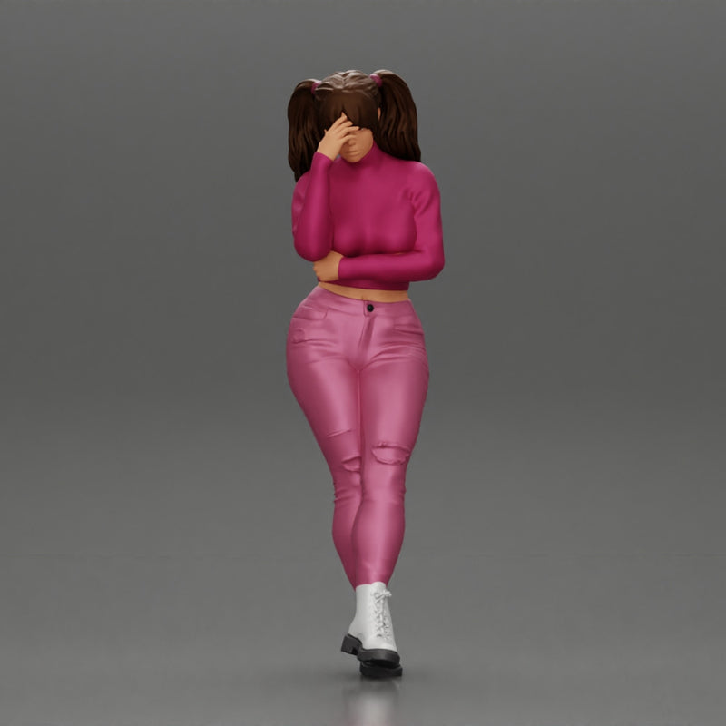 Tearful girl standing in jeans and mini shirt expressing deep sorrow with pigtails - Only-Games