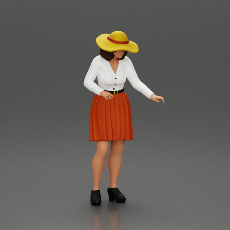 fashionable woman in hat and skirt is reaching for something