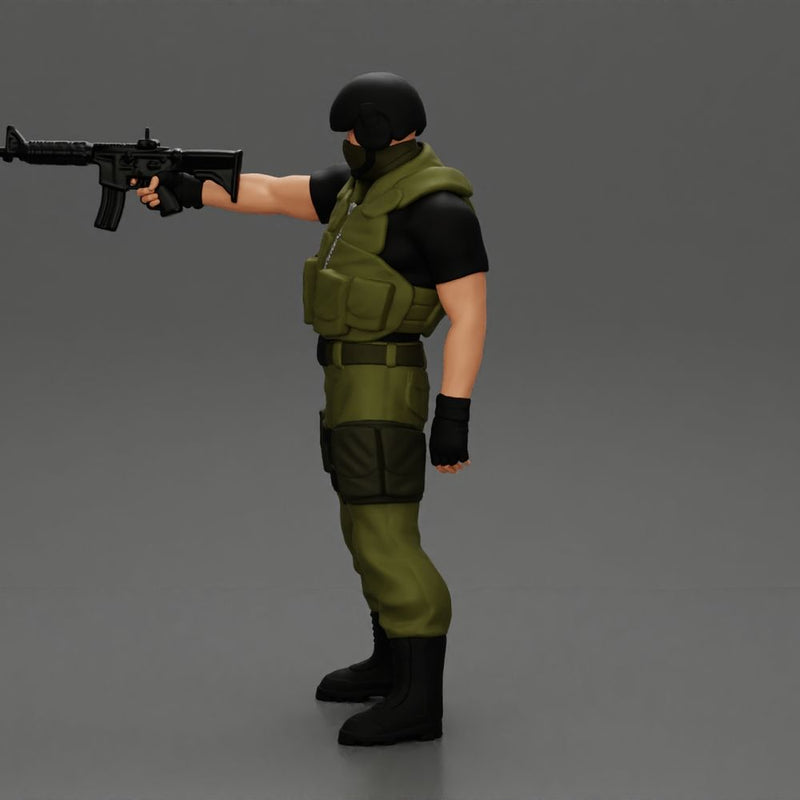 Military precision A man with tactical mastery, wearing a mask and holding a gun with one hand aimed at the enemy