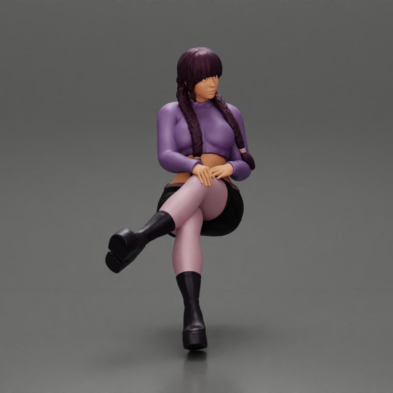 Sexy girl sitting with crossed legs  n boots and mini skirt  with long pigtails - Only-Games