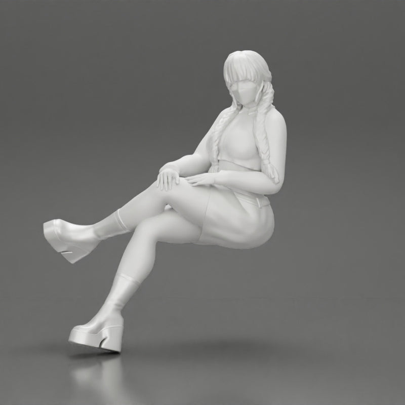Sexy girl sitting with crossed legs  n boots and mini skirt  with long pigtails - Only-Games