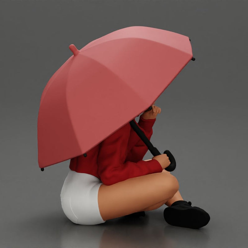 Pretty Girl with an Umbrella in Jacket and Shorts Sitting