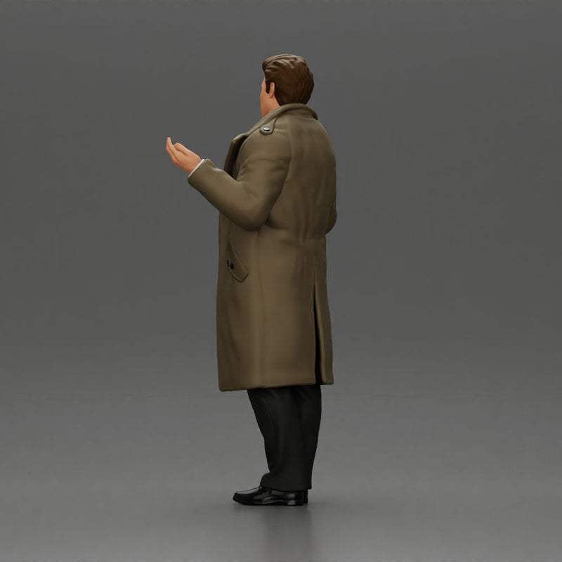 police detective in a coat standing with hands wide open