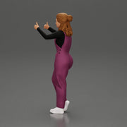Smiling girl in overalls showing a thumbs up with both hands - Only-Games