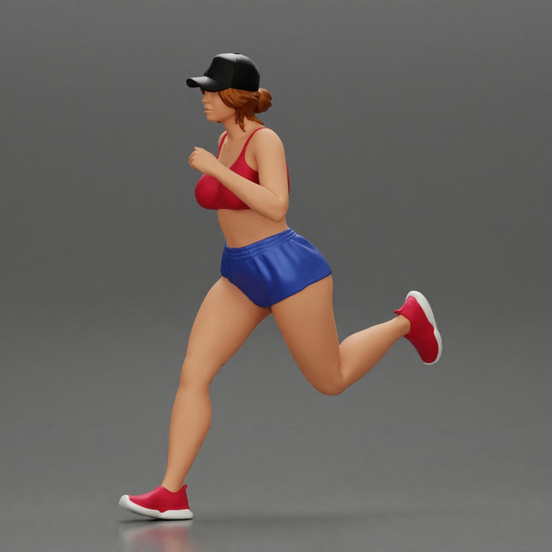 young woman running in shorts and cap