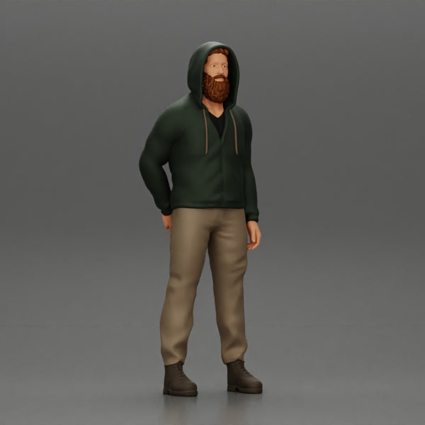 bearded man stands confidently, adorned in a stylish hoodie