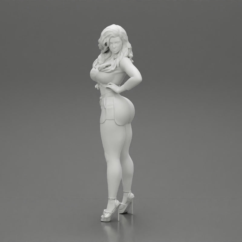 Sexy girl in short and heels with long hair posing - Only-Games