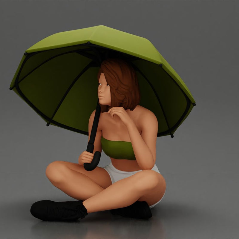 Pretty Girl with an Umbrella in bra and Shorts, Sitting