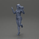 happy girl in a mini jacket and shorts, jumping on one leg - Only-Games