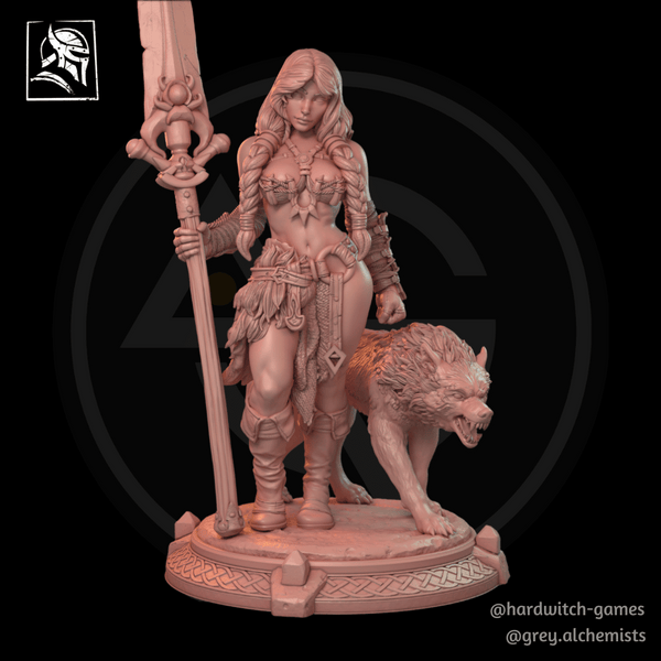 Alva Thurd the Human Spearman with Wolf - Fantasy Resin Miniature in 75mm - DnD