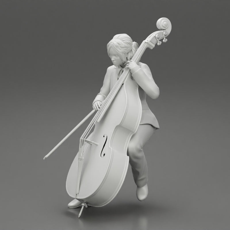 Beautiful young woman musician sitting on a vintage double bass - Only-Games