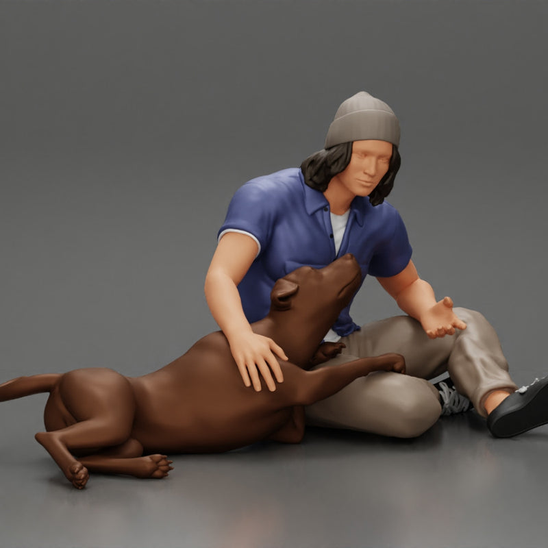 young man in a bonnet sitting crossing his legs and hugging a dog