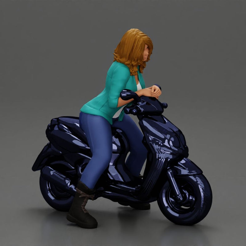 Girl sitting on a scooter, wearing an open jacket