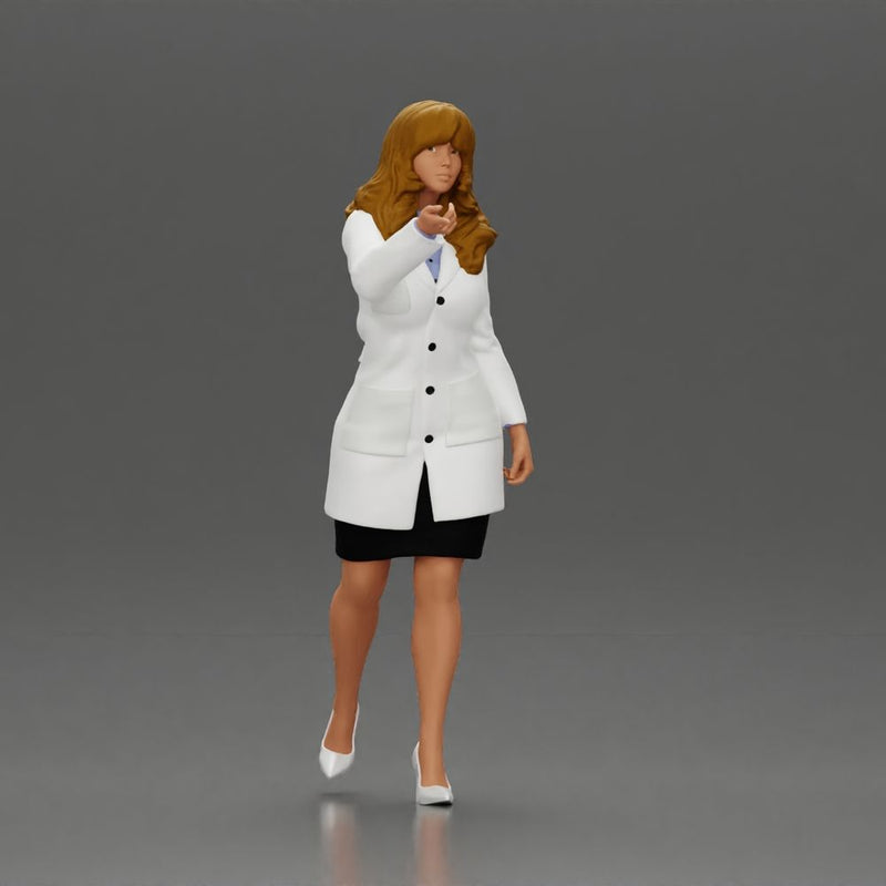 Elegant Teacher in White Coat Gesturing with Confidence and Professionalism - Only-Games