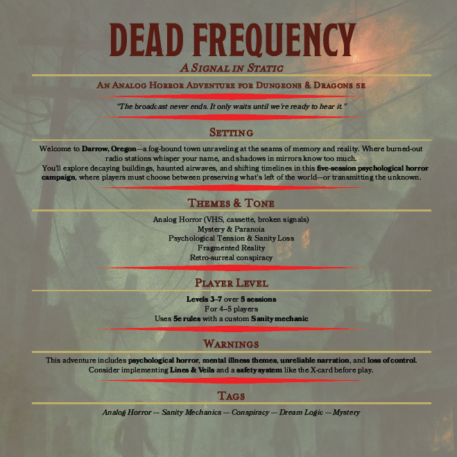 Dead Frequency DnD 5e Adventure – Signal in Static, Horror One Shot