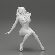 Young sexy girl in shorts with long hair is sitting with one hand in hair - Only-Games