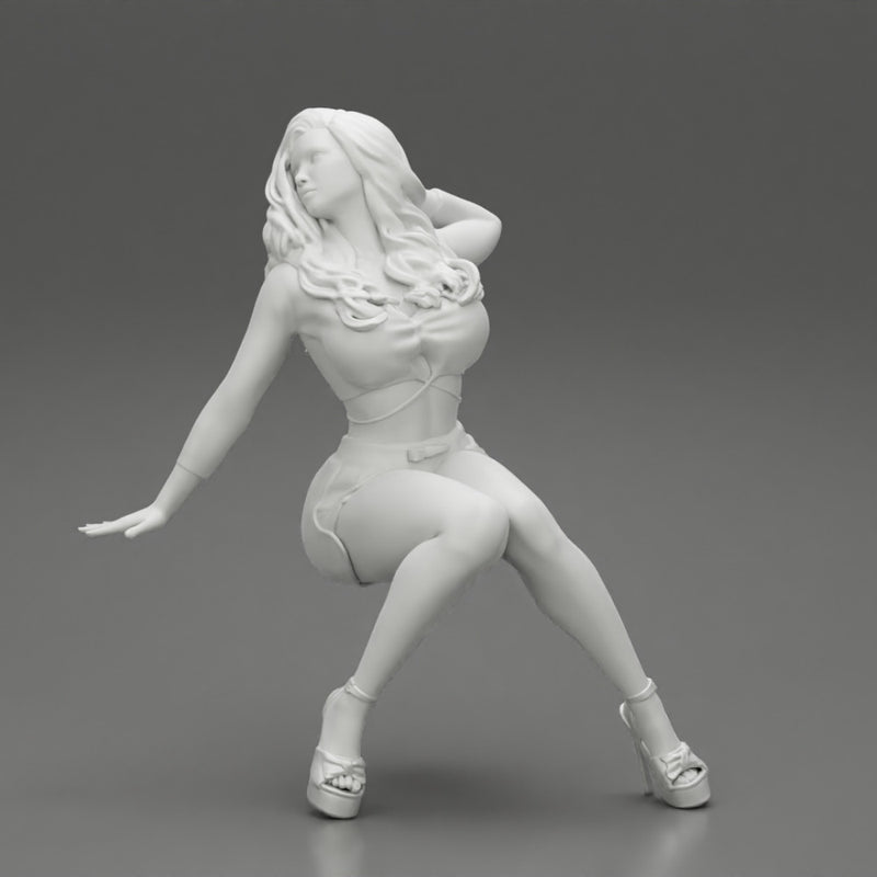 Young sexy girl in shorts with long hair is sitting with one hand in hair - Only-Games