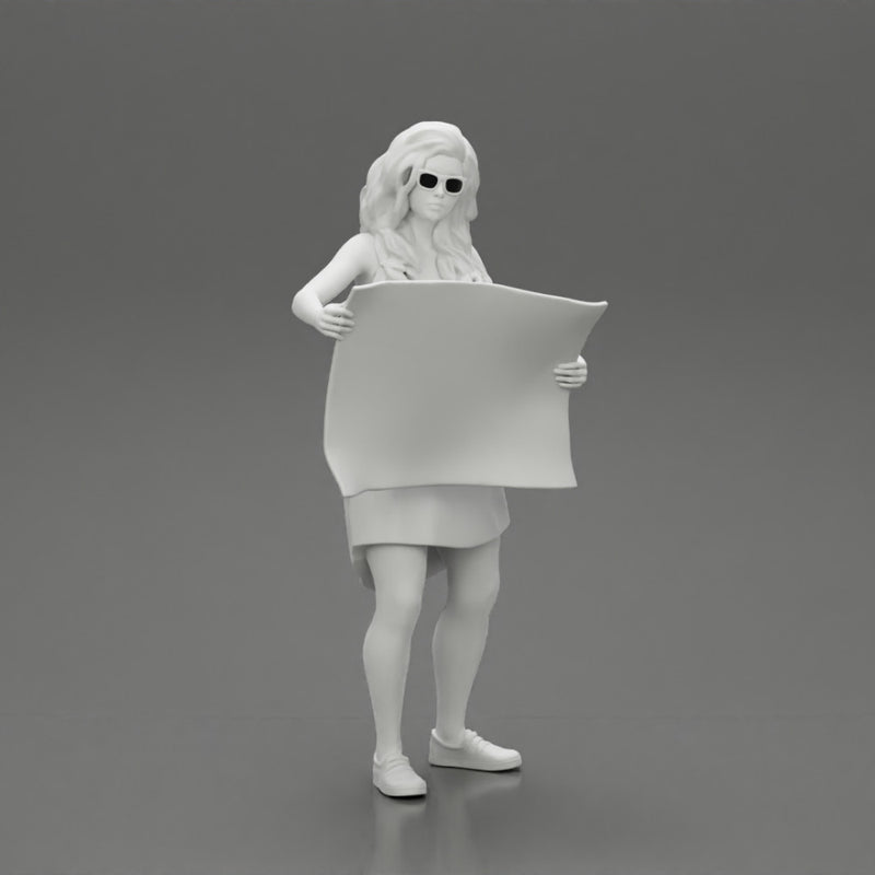 travel woman in dress with sun glasses holding a map and looking to the map - Only-Games