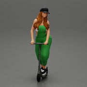 2 Sexy Woman Riding Electric Scooter At Parking Wearing overalls suit and cap - Only-Games