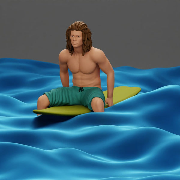 Long-Haired Surfer Sitting on a Surfboard in Calm Ocean Waters, Waiting for the Waves