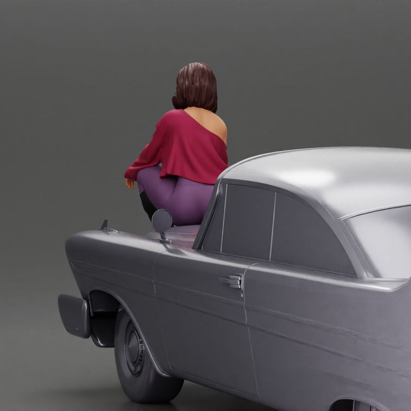 lowrider girl sitting on a car, wearing boots and a stylish shirt