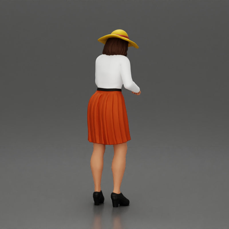 fashionable woman in hat and skirt is reaching for something