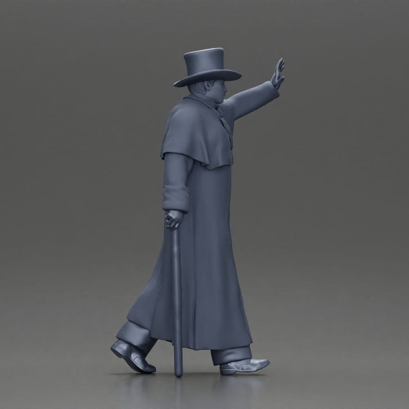 man in long coat, resembling a mafia boss walking