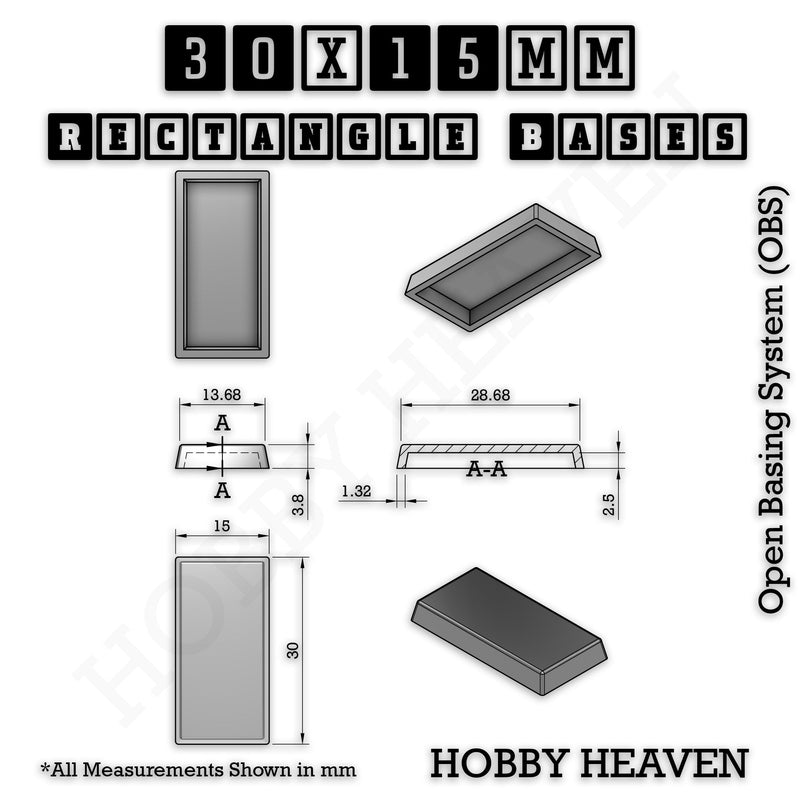 Rectangle Bases Range Sizes - 75x30mm to 125x40mm Medium Sizes 3d Print Full Range Tabletop Games - Only-Games