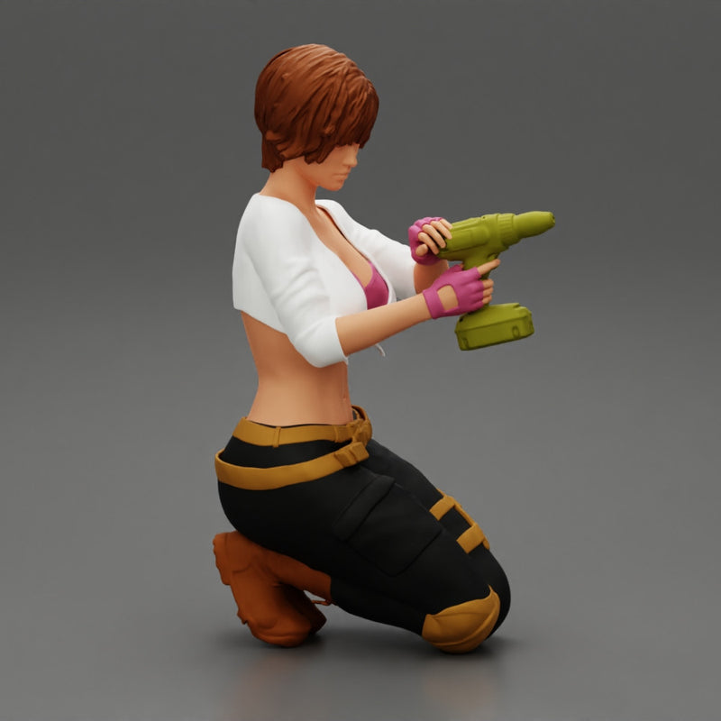 Repair woman sitting and holding a drill - Only-Games