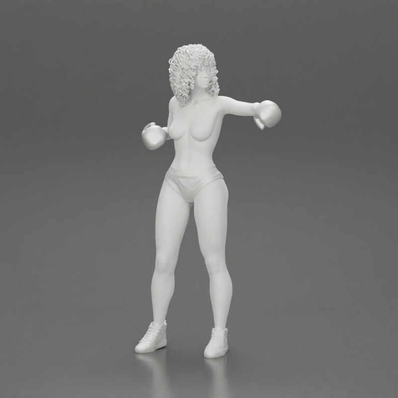black naked breasts woman in boxing gloves with curly hair ready to finish off her opponent - Only-Games