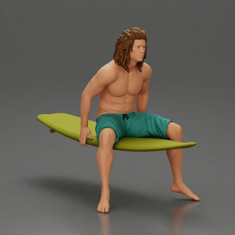 Long-Haired Surfer Sitting on a Surfboard in Calm Ocean Waters, Waiting for the Waves