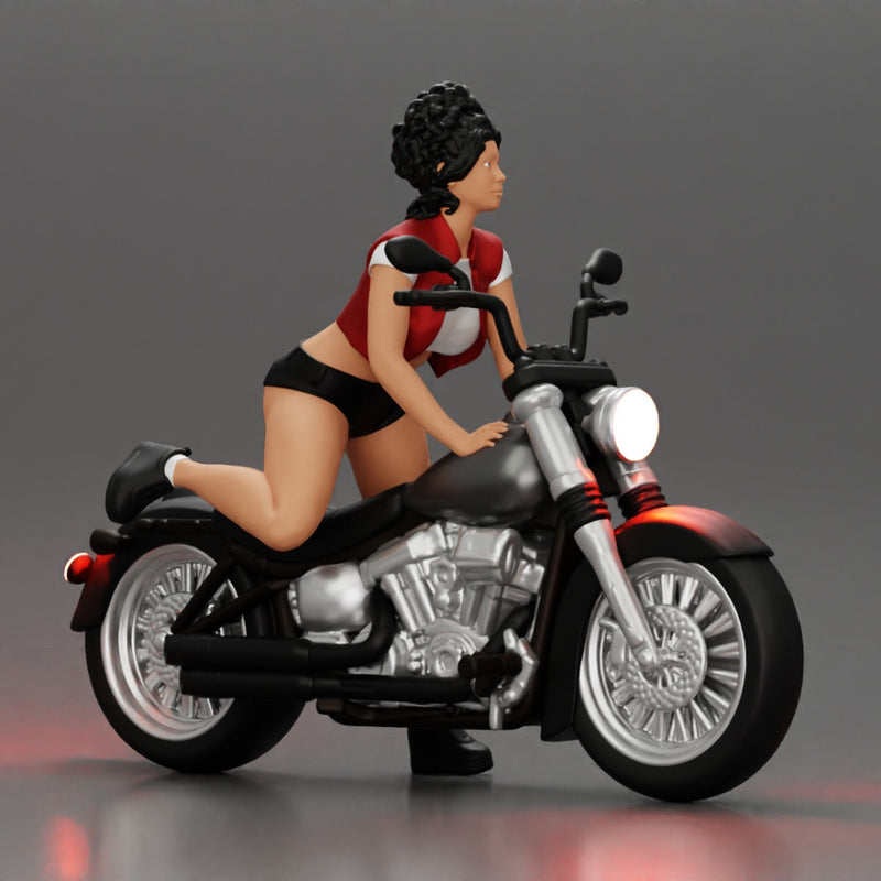 attractive girl on the motorbike in shorts and a mini jacket with curly hair