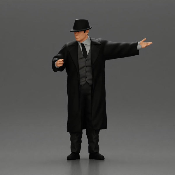 mafia man in gangster costume stands confidently while gesturing with his hands as if presenting something