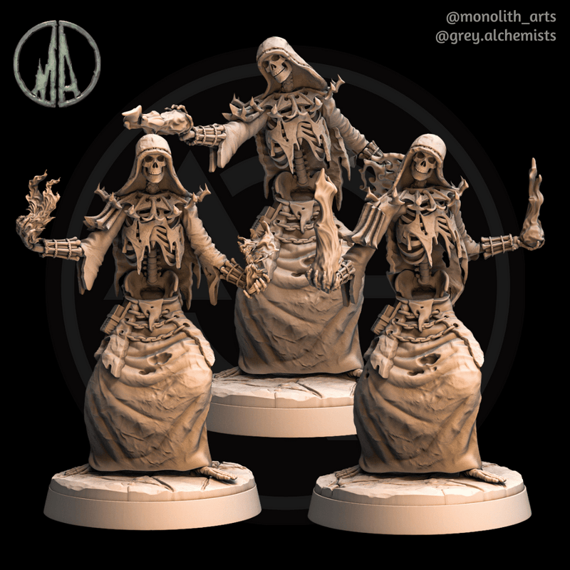 Skeleton Mage - Set of 3 Different Poses - Fantasy Resin Miniatures in 32mm - DnD Monsters