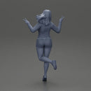 happy girl in a mini jacket and shorts, jumping on one leg - Only-Games