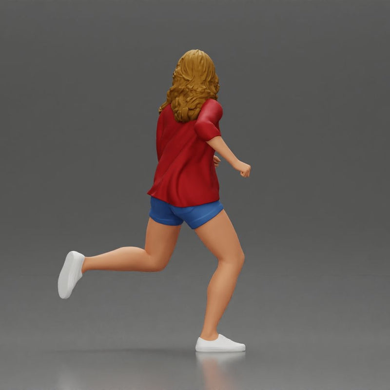 Afraid young woman running in an open shirt and shorts with a determined expression