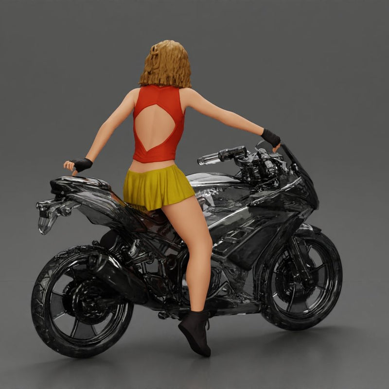 Sexy girl with short hair rides a motorbike in mini skirt