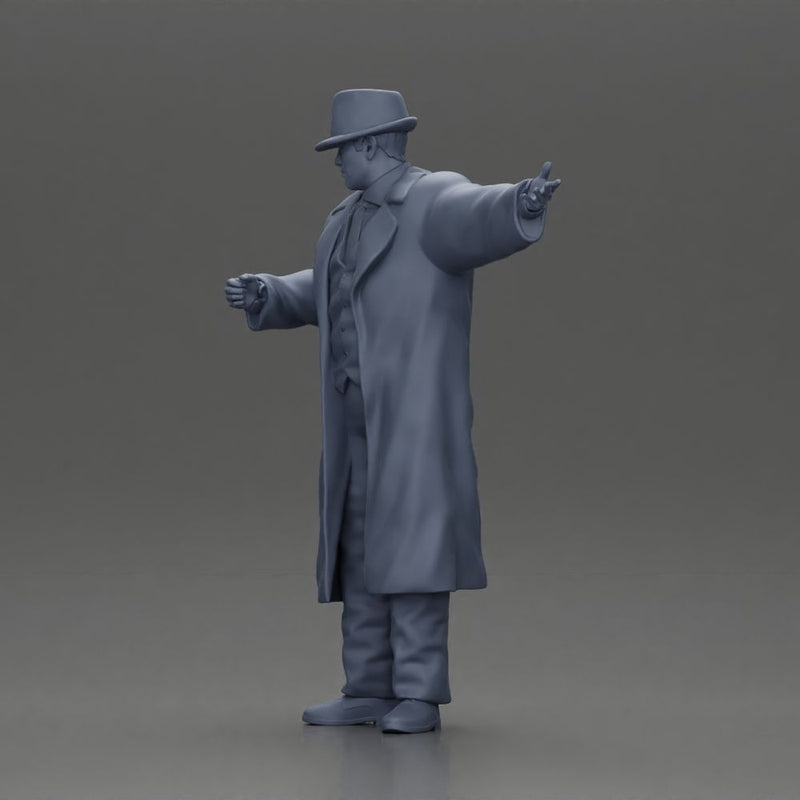 mafia man in gangster costume stands confidently while gesturing with his hands as if presenting something