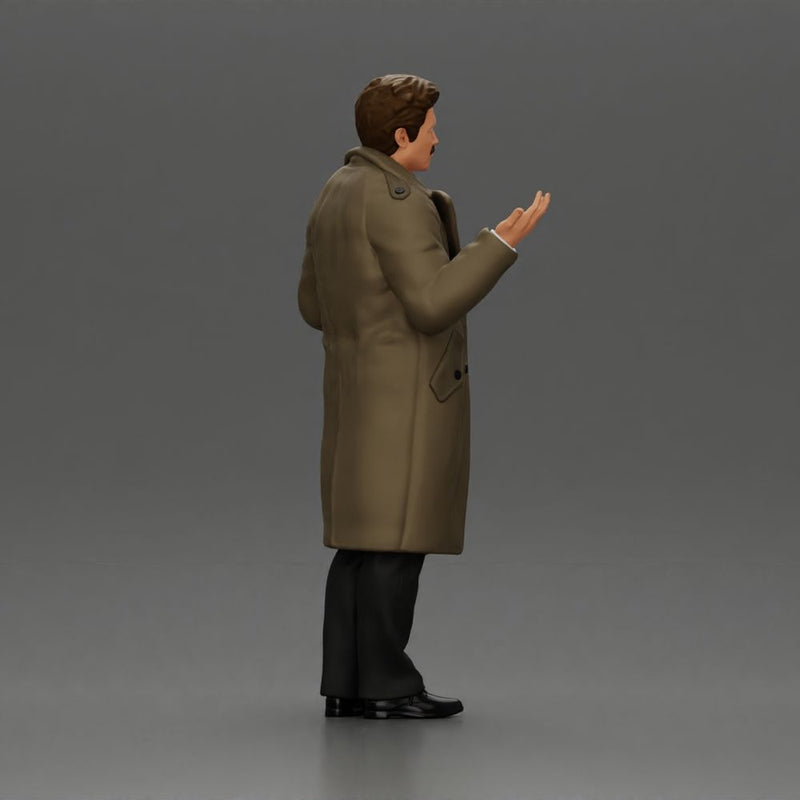 police detective in a coat standing with hands wide open