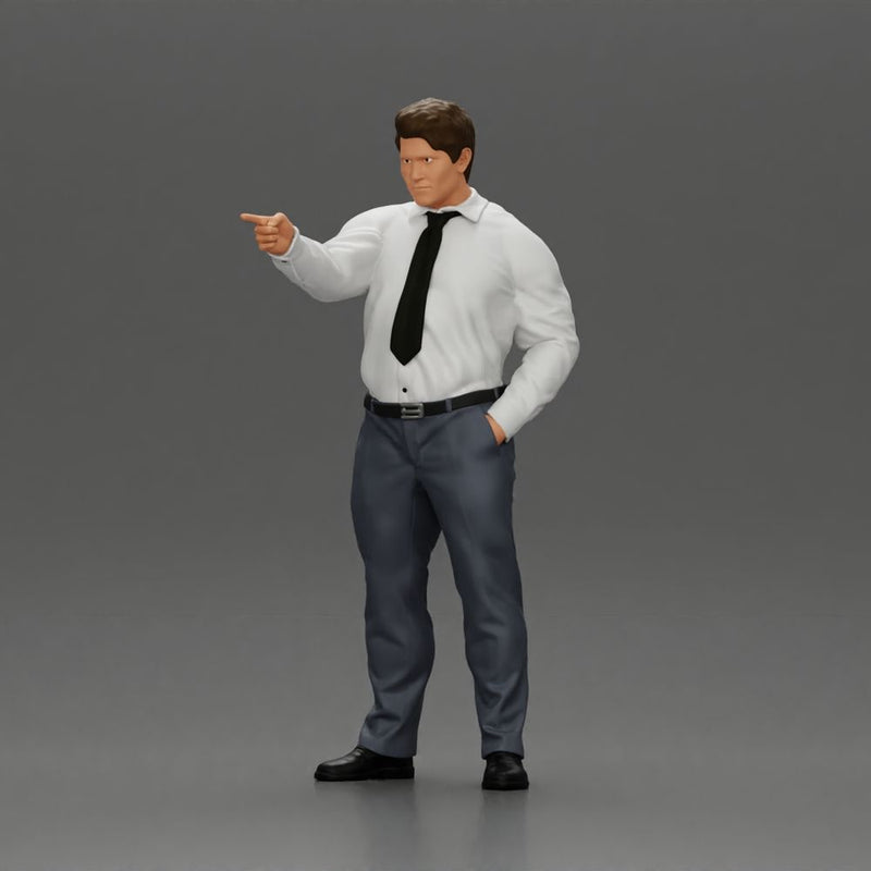 Serious businessman in a white shirt tie, and pants pointing with authority, hand in pocket - Only-Games