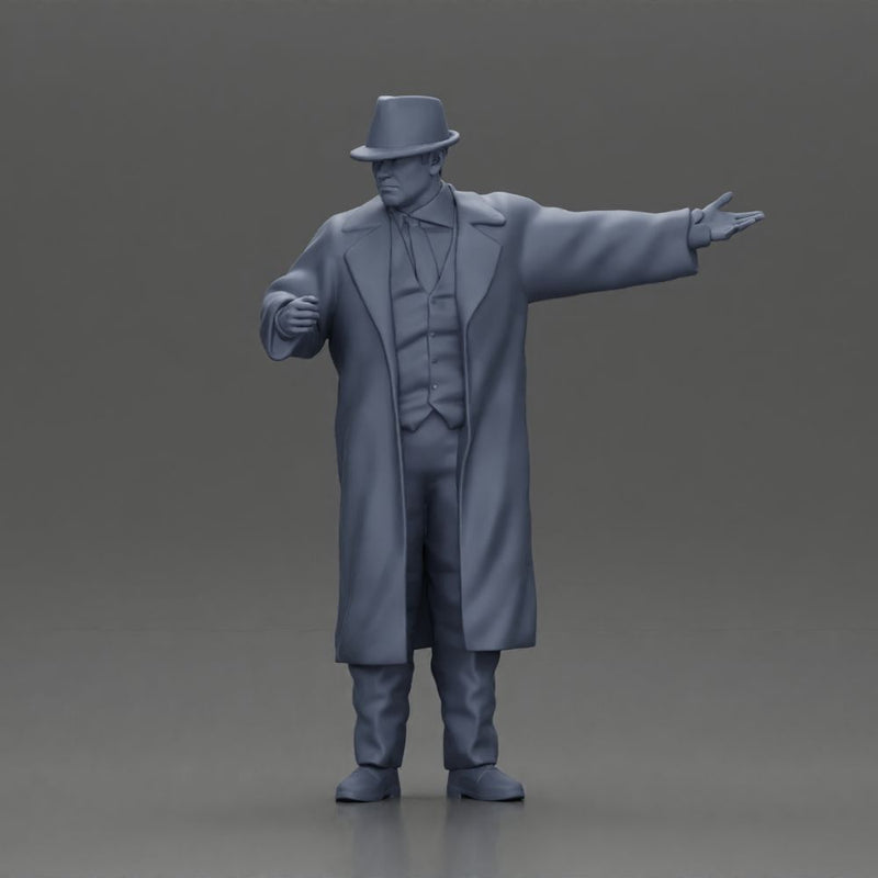 mafia man in gangster costume stands confidently while gesturing with his hands as if presenting something