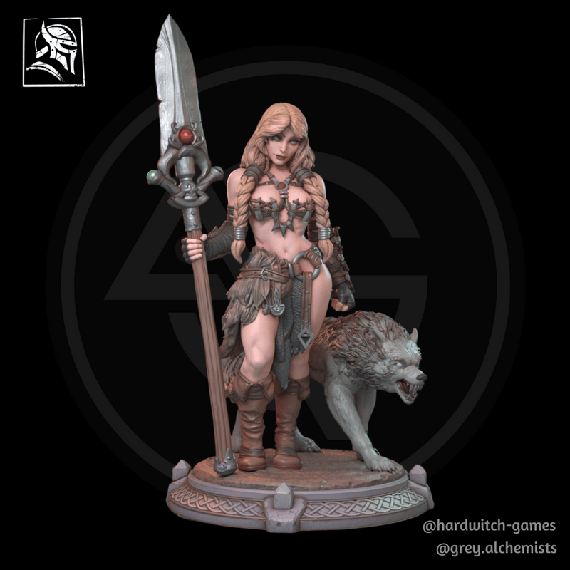 Alva Thurd the Human Spearman with Wolf - Fantasy Resin Miniature in 75mm - DnD