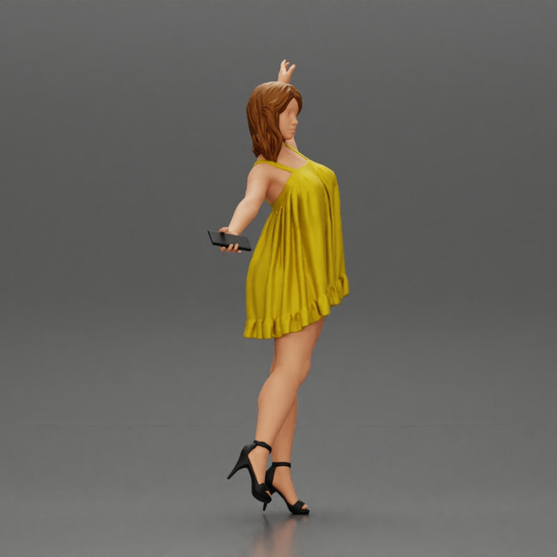 Happy Young Woman in dress and heels Standing on One Leg holding phone - Only-Games