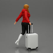 2 Fashion woman in jacket and boots dragging suitcase  walking in airport terminal - Only-Games