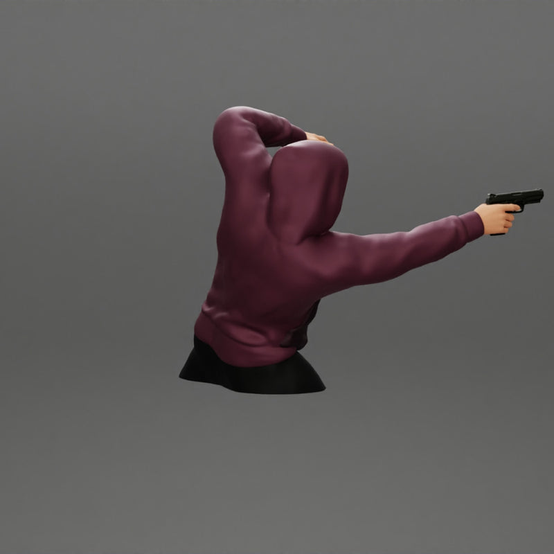 Gangster man in hoodie shooting gun leaning out the window of the car