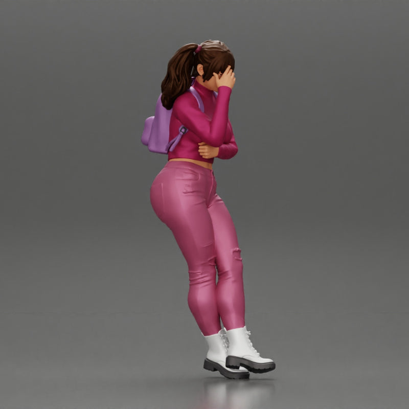 Tearful girl standing in jeans and mini shirt expressing deep sorrow with pigtails - Only-Games